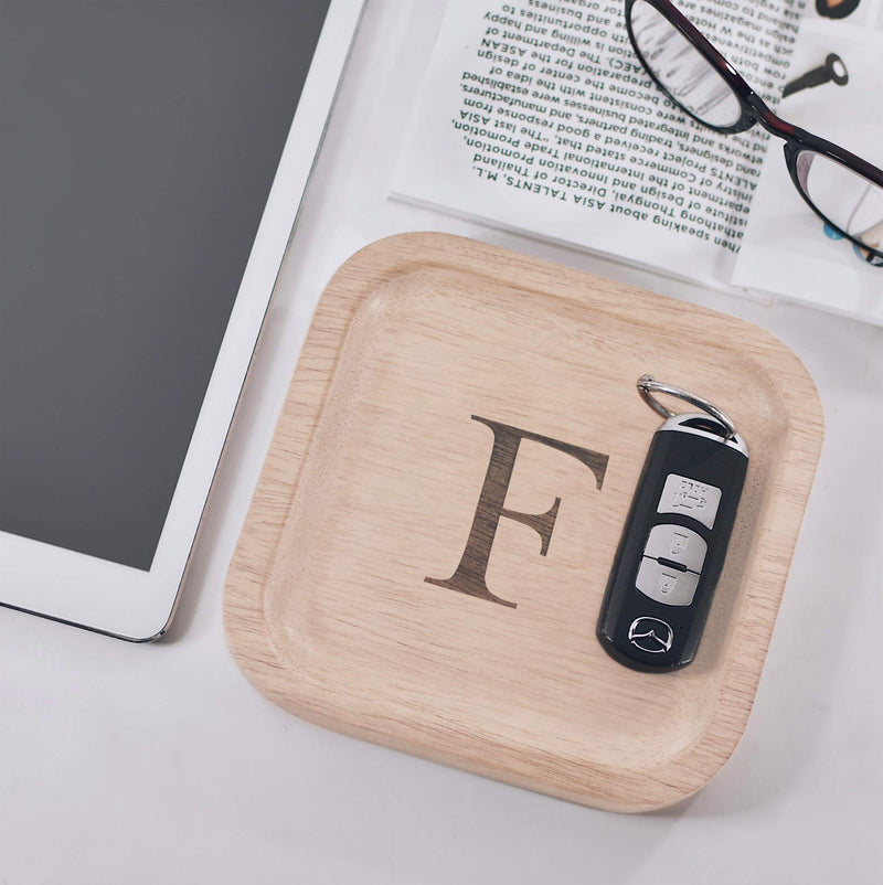 [Australia] - Solid Wood Personalized Initial Letter Jewelry Display Tray Decorative Trinket Dish Gifts For Rings Earrings Necklaces Bracelet Watch Holder (6"x6" Sq Natural "F") ุ6"x6" Sq Natural "F" 