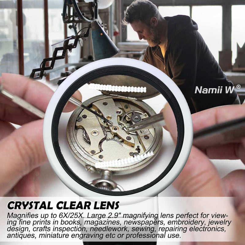 [Australia] - Magnifying Glass with Light and Stand Hands Free, LED Lighted Magnifier Adjustable Folding, Illuminated Magnifying Glass Portable for Reading, Exploring, Hobbies & Crafts 6X 25X 