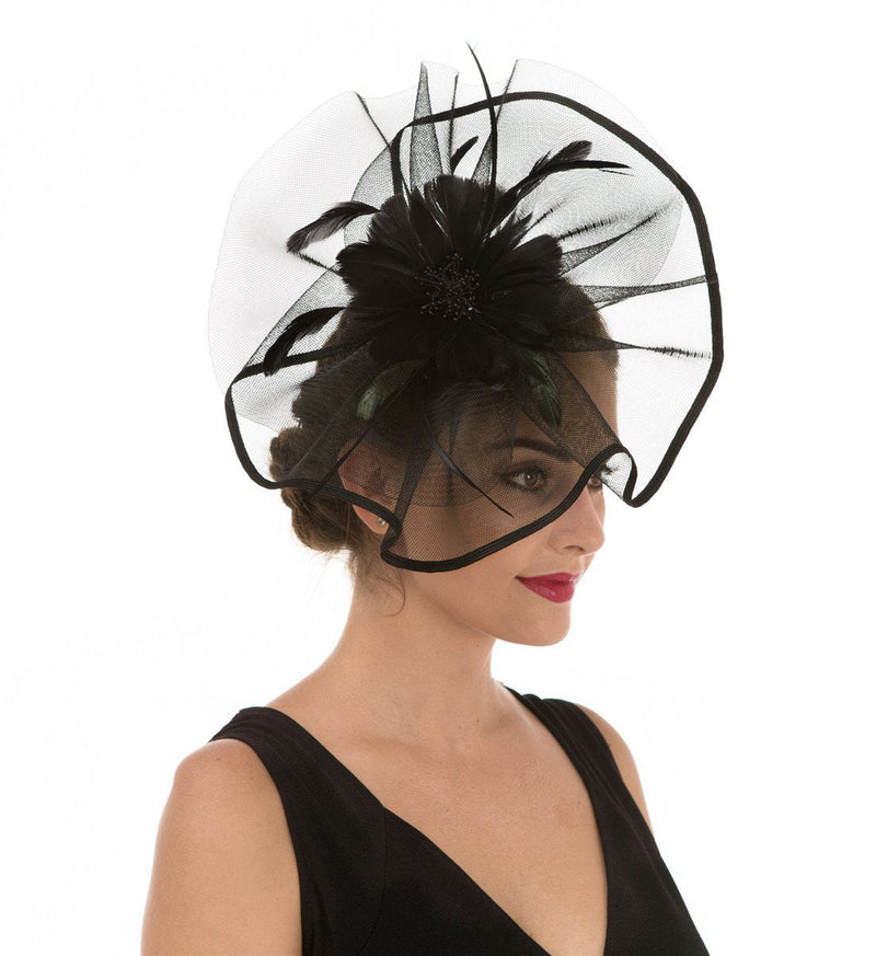 [Australia] - Fascinator Hat Feather Mesh Net Veil Party Hat Ascot Hats Flower Derby Hat with Clip and Hairband for Women A1-Large Black Mesh 