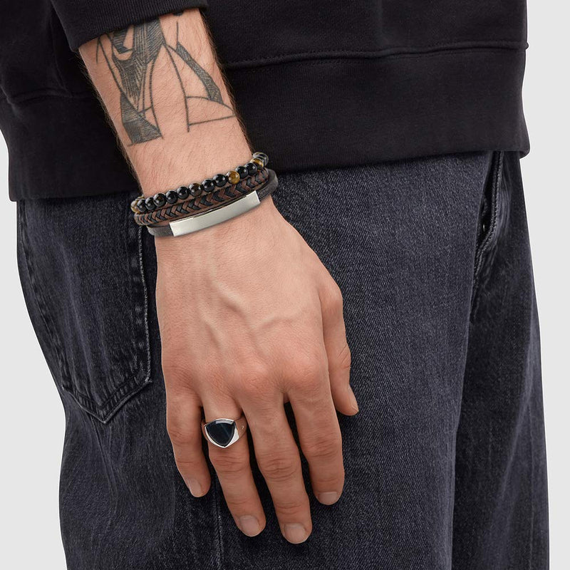 [Australia] - Mens Leather Bracelet – Classic Handmade Braided Black & Brown Cuff Bracelet with Engraved Magnetic Clasp FREE Jewelry GIFT Boxed Brown - Silver 17.5 Centimetres 