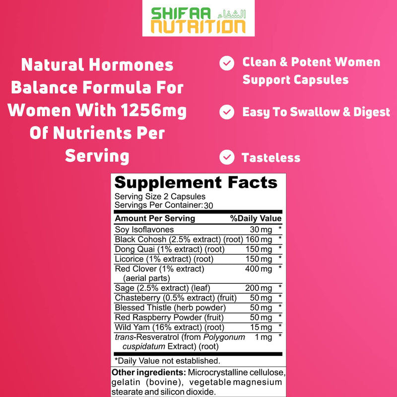[Australia] - Hormones Balance & Menopause Supplements for Women, Menopause Relief - Support for Hot Flashes, Mood Swings w/Black Cohosh & Red Clover | SHIFAA NUTRITION | Halal Vitamins, 30 Servings 