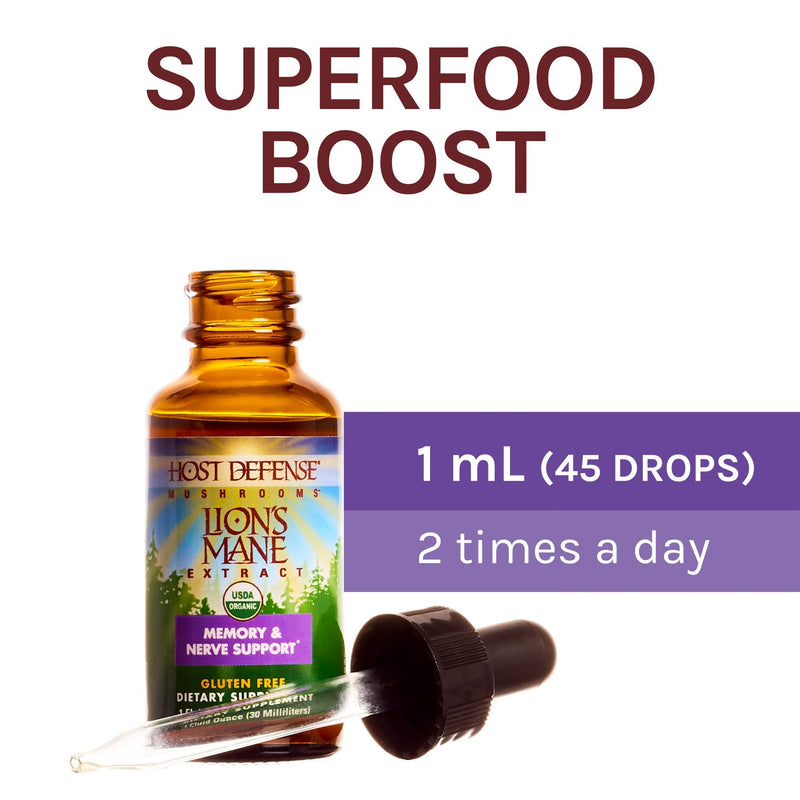 [Australia] - Host Defense, Lion's Mane Extract, Promotes Mental Clarity, Focus and Memory, Daily Mushroom Supplement, Vegan, Organic, 1 fl oz (30 Servings) 1 Fl Oz (Pack of 1) 