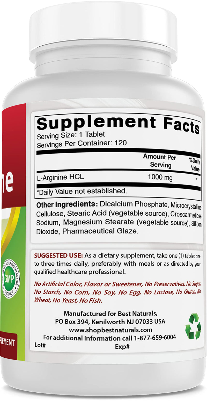 [Australia] - Best Naturals L-Arginine 1000 mg 120 Tablets - Pharmaceutical Grade L Arginine Supplement Promotes Nitric Oxide Synthesis 