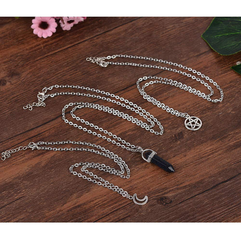 [Australia] - MJartoria Moon Pentagram Necklace Pentacle Chakra Charm Pendant Multi Layer Alloy Chain Choker Necklace Set Gothic Jewelry A-Black stone-3pcs 
