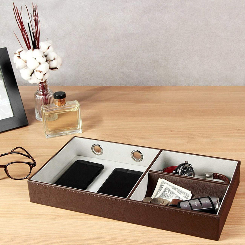 [Australia] - JACKCUBE DESIGN Nightstand Organizer for Men, Leather Valet Tray Key Wallet Phone Watch Glass Holder with 2 Charging Holes (Dark Brown, 14.2 x 7.7 x 2 inches) - MK234A 