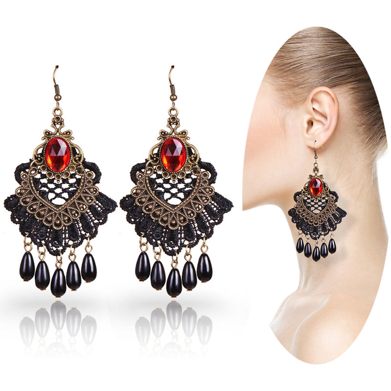 [Australia] - ETERNITY J. Elegant Vintage Black Lace Victorian Lolita Gothic Pendant Choker Necklace Earrings Set Red 