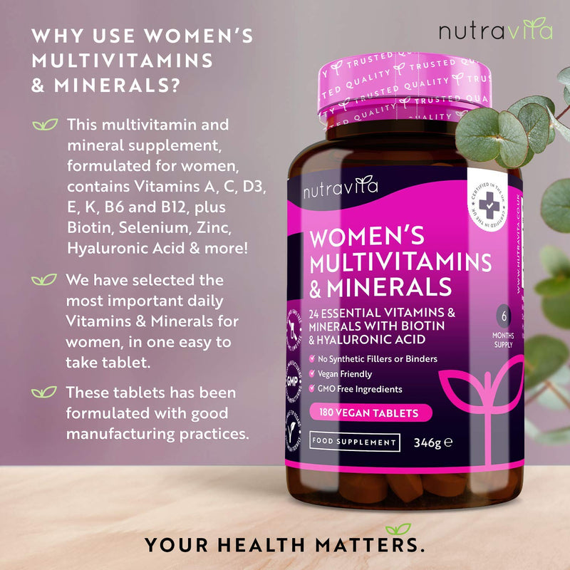 [Australia] - Women's Multivitamins and Minerals - 24 Essential Active Vitamins and Minerals with Added Hyaluronic Acid - 180 Vegan Tablets - No Synthetic Fillers or Binders - Made in The UK by Nutravita 