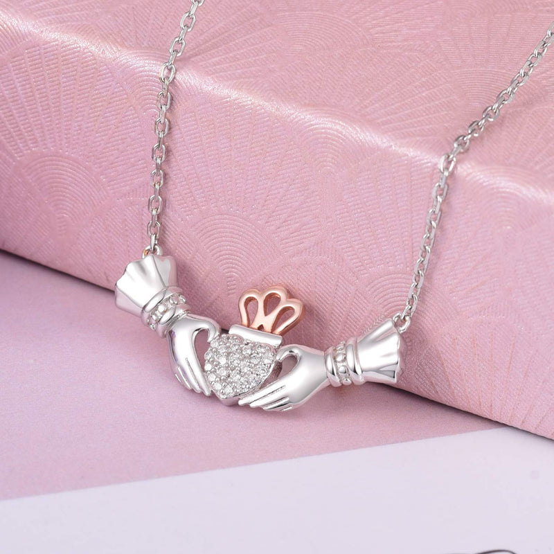[Australia] - Irish Claddagh Necklace for Women Sterling Silver Girls Crystal Celtic Claddagh Hands Holding Crown Love Heart Pendant Necklace 
