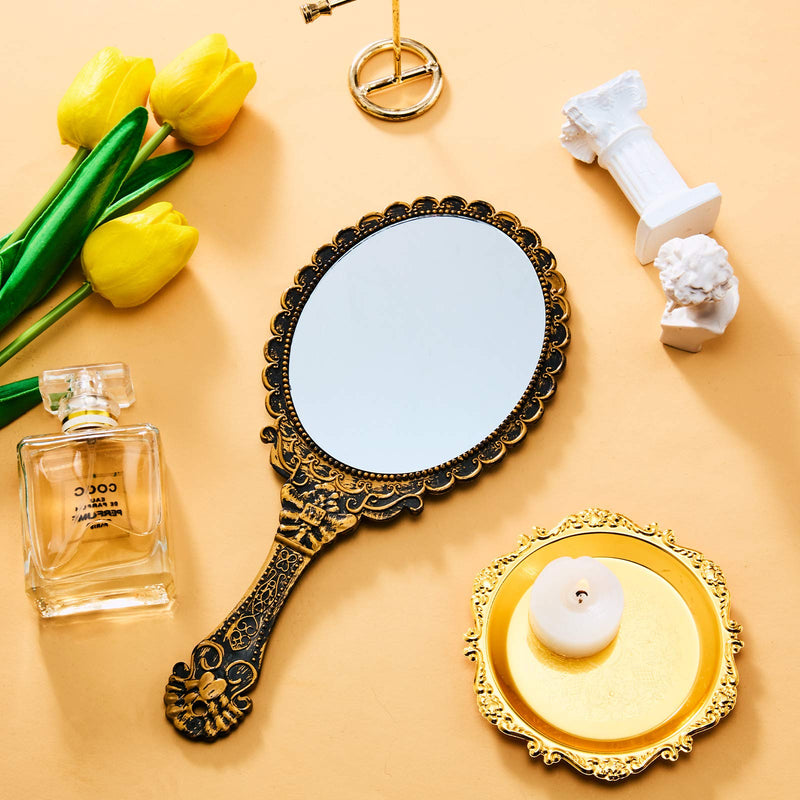 [Australia] - 2 Pieces Vintage Handheld Mirror Portable Embossed Flower Mirror Hand Held Decorative Mirrors Compact Mirror with Handle for Face Makeup Travel Personal Cosmetic Salon Mirror (Black, Bronze) 