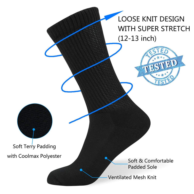 [Australia] - Well Knitting Loose Men's Diabetic Crew Socks,Non-Binding Top,Seamless Toe,Semi Cushion,Breathable Soft Coolmax Socks 4 Pairs Large 4 Pairs Black Crew Socks 