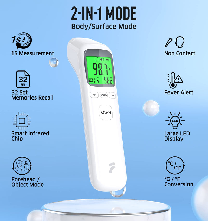 [Australia] - Thermometer for Adults and Kids, No-Touch Forehead Thermometer with Object Mode Function,Fever Alert and 32 Set Memory Recall,Instant Accurate Reading Digital Baby Thermometer for Fever White 