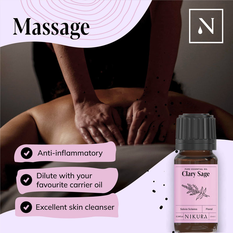 [Australia] - Nikura | Clary Sage Essential Oil - 10ml - 100% Pure, Natural and Vegan, for Stress Relief and Hair Growth | Aromatherapy, Diffusers 10 ml (Pack of 1) 