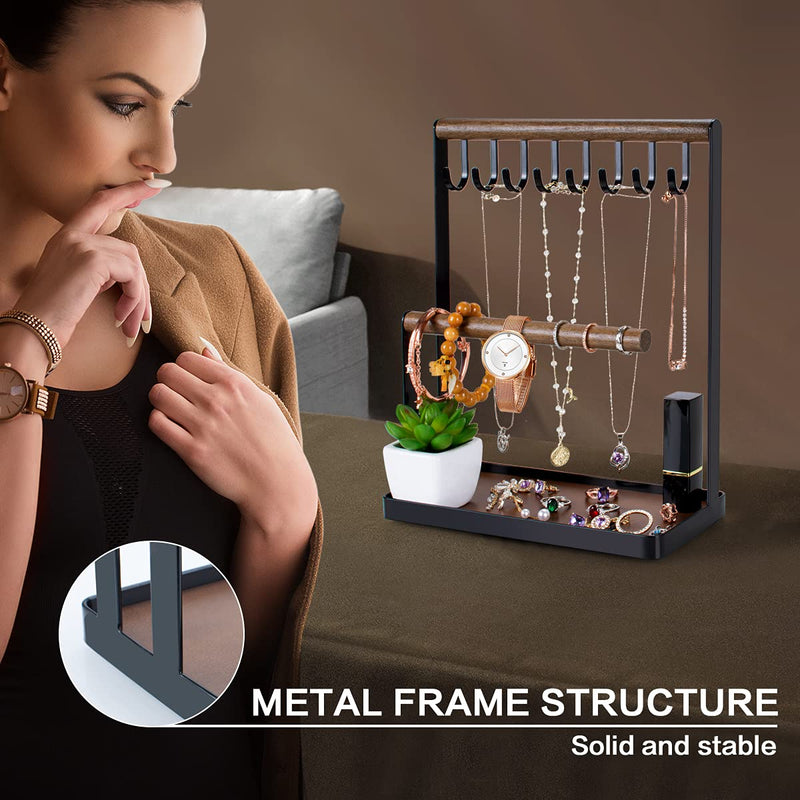 [Australia] - PAMANO Jewelry Stand Holder, 3-Tier Necklace Hanging Wooden Ring Organizer Earring Tray, 8 Hooks Storage Necklaces, Bracelets, Rings and Watches on Desk Tabletop- Black 3T 