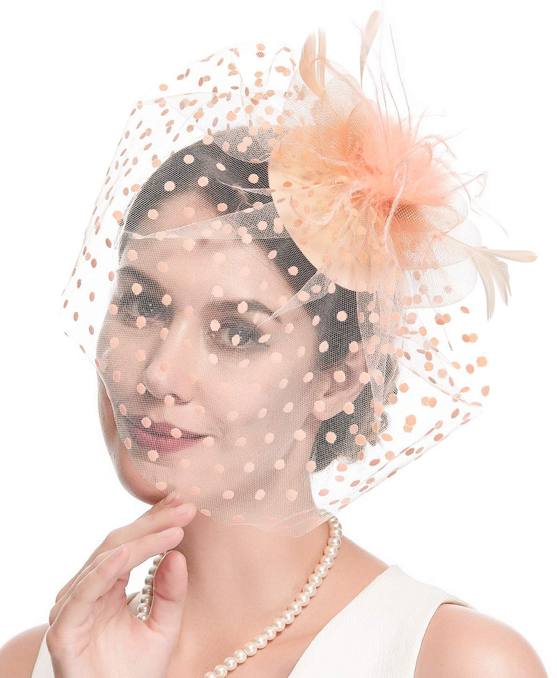 [Australia] - Cizoe Fascinator Hair Clip Pillbox Hat Bowler Feather Flower Veil Wedding Party Hat Tea Hat 2-peach 