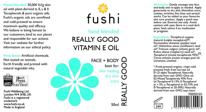 [Australia] - Fushi Really Good Vitamin E Skin Oil 50ml, 30000IU/G |Best for Skin soothing, Dry Skin, Wrinkles, Uneven Skin Tone, Scars | Plant Derived …ë, √ü, Œ≥ & d Tocopherols | Ethical, Vegan & Made in the UK 