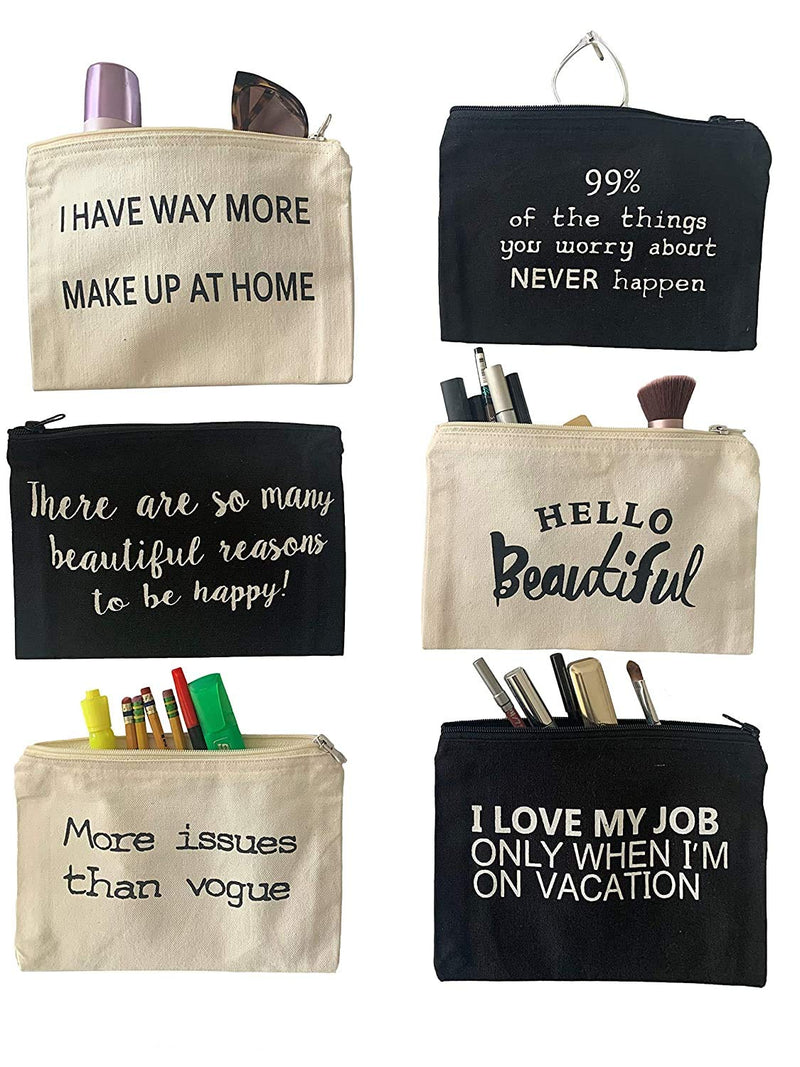 [Australia] - 6 Piece Sayings Cosmetic Makeup Canvas Travel Bag Toiletry Accessories Organizer Pencil Bag 