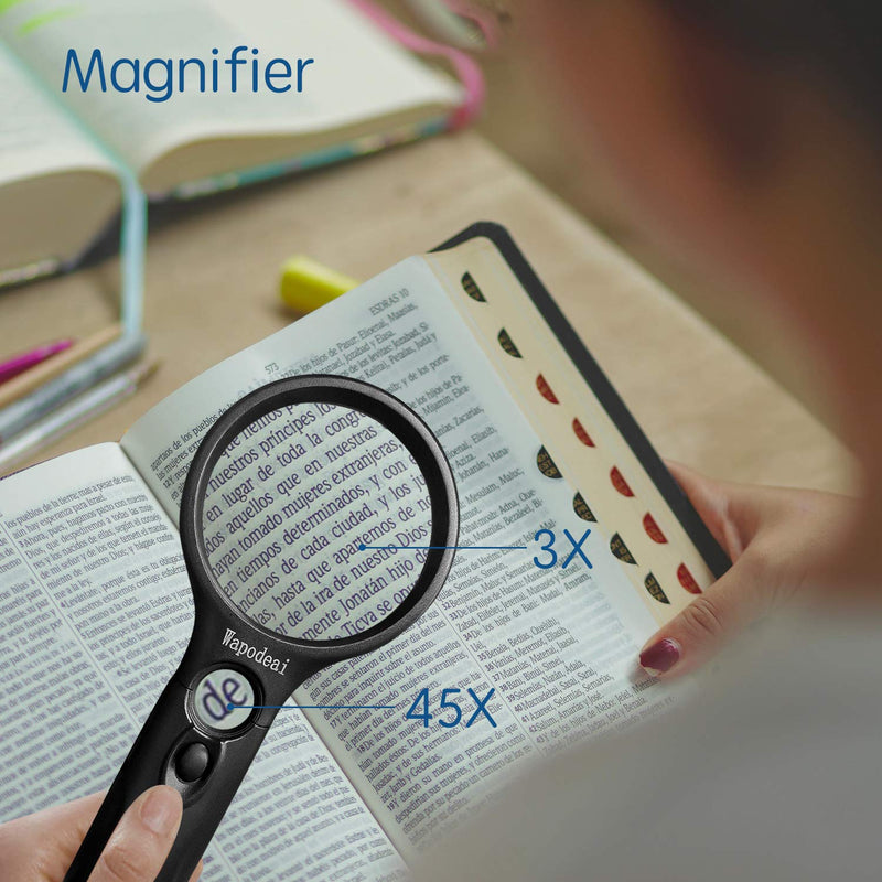 [Australia] - Wapodeai Magnifying Glass with Light, 3X 45X High Magnification, LED Handheld Lighted Magnifier, Suitable for Reading, Jewellery, Crafts, Lnspection, Science (Black) 