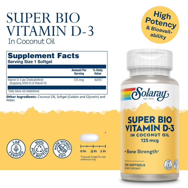 [Australia] - Solaray Super Bio Vitamin D-3 in Coconut Oil, Healthy Bone Strength & Immune Support, No Soy, 120 Softgels 