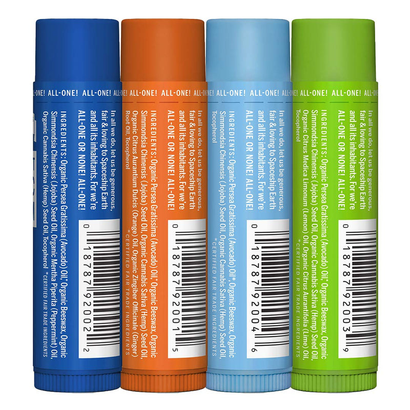 [Australia] - Dr. Bronner's - Organic Lip Balm (4-Pack Variety Peppermint, Orange Ginger, Naked, Lemon Lime) - Made with Organic Beeswax and Avocado Oil, For Dry Lips, Hands, Chin or Cheeks 