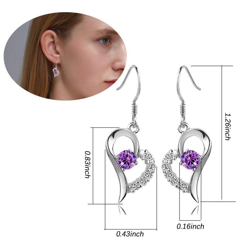 [Australia] - yfstyle Jewelry Set Heart Necklace Earrings for Women Girls, Heart Shaped Drop Hook Earrings & Pendant Necklaces with Cubic Zircon Setting, Crystal Jewellery Set Mother's Day Gift purple 