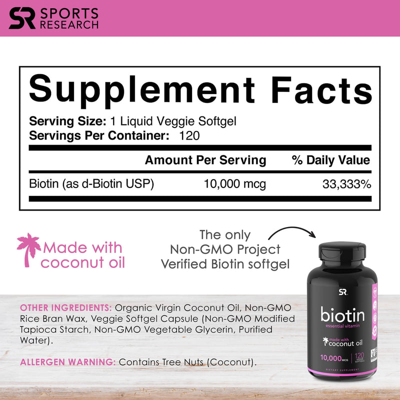 [Australia] - Sports Research Extra Strength Vegan Biotin (Vitamin B) Supplement with Organic Coconut Oil - Supports Keratin for Healthier Hair & Skin - Great for Women & Men - 10,000mcg, 120 Veggie Softgel Capsule 120 Count (Pack of 1) 10,000 mcg 