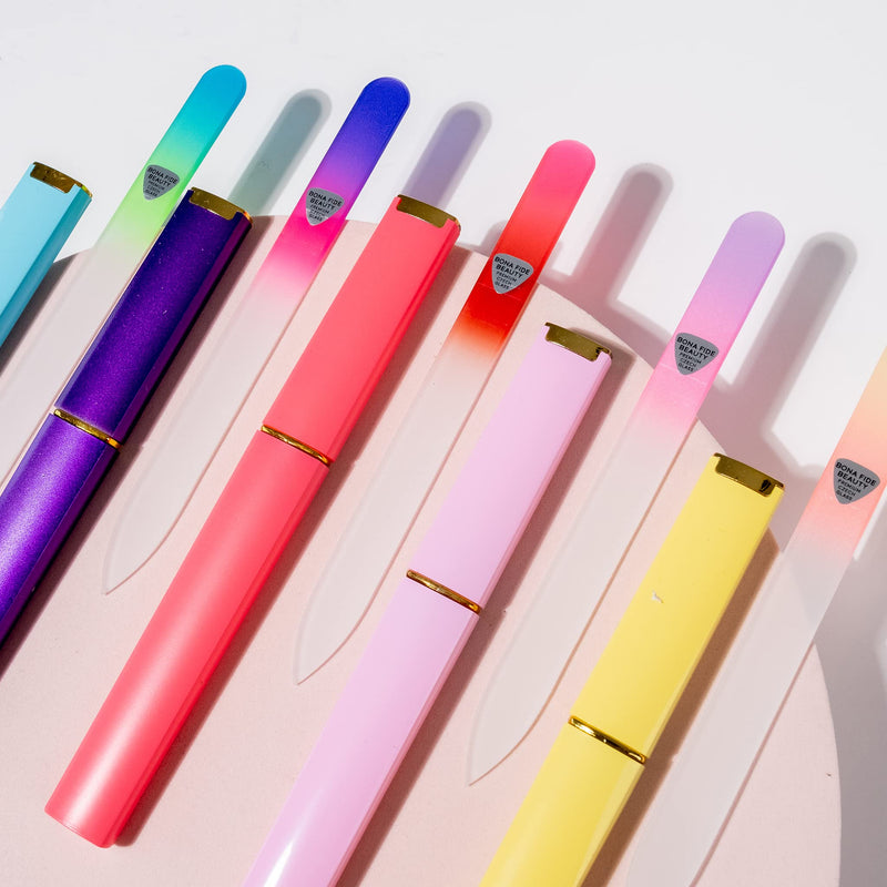[Australia] - 5-Piece Glass Nail File Set with Hard Cases, Professional Manicure Glass Fingernail Files, Gently Shape Nails with Expert Precision & Enjoy a Smooth Finish - Bona Fide Beauty Premium Czech Glass Tealpurpleyellow 