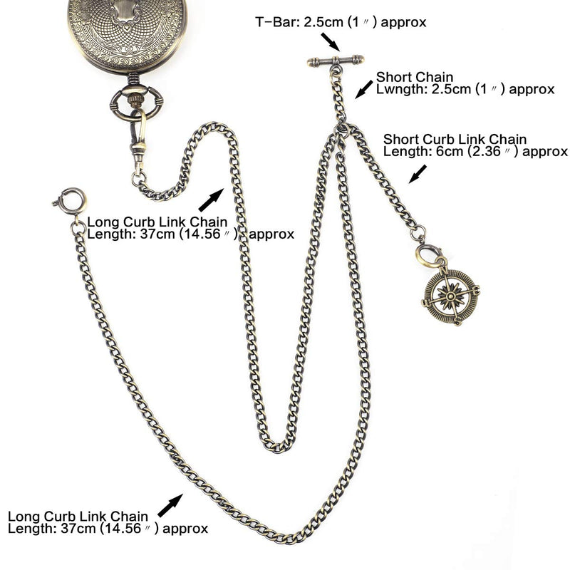 [Australia] - ManChDa Double Albert Chain Pocket Watch, Curb Link Chain 3 Hook Antique Plating Shield Design Fob T Bar for Men with Compass Bronze 