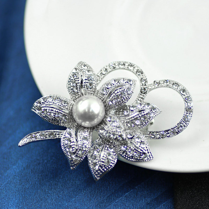 [Australia] - Merdia Brooch for Women Classy Flower Brooch Pin with Shiny Created Crystal and Created Pearl 