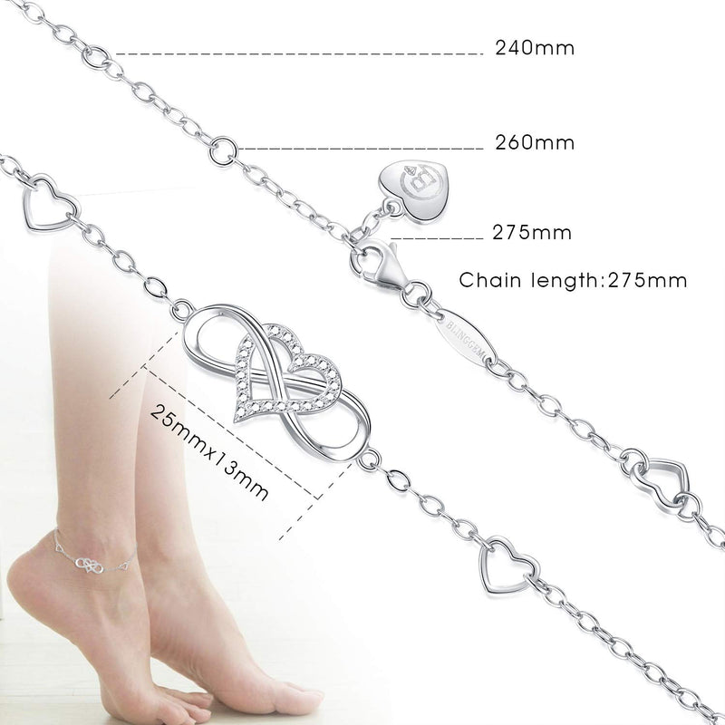 [Australia] - BlingGem Womens Ankle Bracelet 925 Sterling Silver Anklet Cubic Zirconia Infinity Heart Summer Beach Stylish Chain Adjustable Gift for Women White Gold 