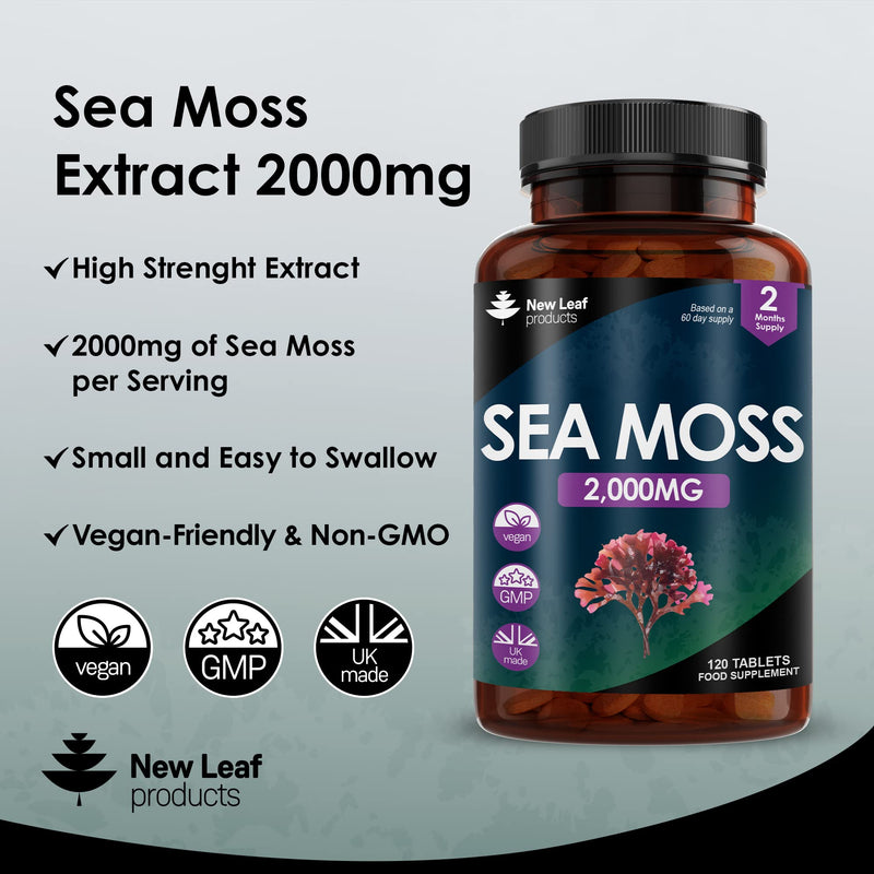 [Australia] - Sea Moss Tablets Extract High Strength 2000mg - Sea Moss Supplement 120 Tablets (not sea Moss Capsule) High Potency - UK Made - Vegan - Non GMO 120 count (Pack of 1) 
