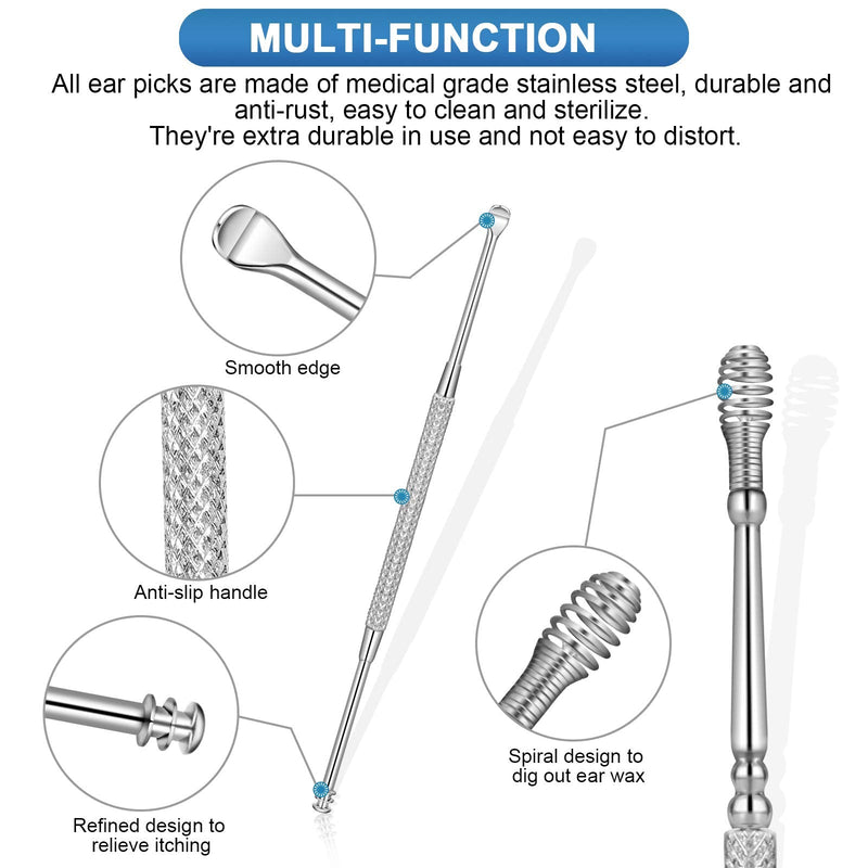 [Australia] - 8Pcs Ear Pick Ear Wax Removal Kit, Earwax Removal Tool, Ear Cleansing Set, Ear Curette Ear Wax Remover Tools with a Cleaning Brush and Storage Box, Medical Grade, for Ear Adult and Kid, Silver 