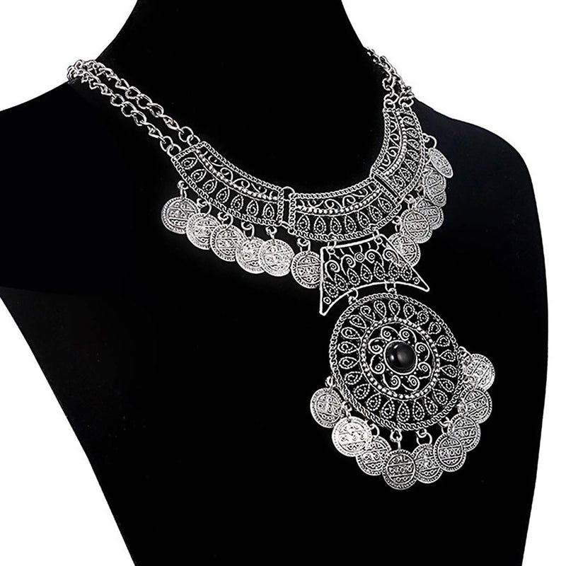 [Australia] - Young & Forever diwali gifts for family and friends tribal muse fusion oxidised silver necklace for women stylish bohemian princess length resin coin charm navratri wedding party wear casual trendy fancy fashion jewlery for girls 