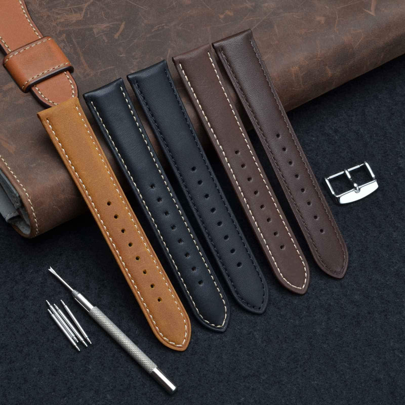 [Australia] - WOCCI Watch Band, Vintage Leather Watch Strap 14mm 16mm 18mm 19mm 20mm 21mm 22mm 23mm 24mm,Choice of Color and Width 14mm - 9/16" Black / Contrasting Stitch 