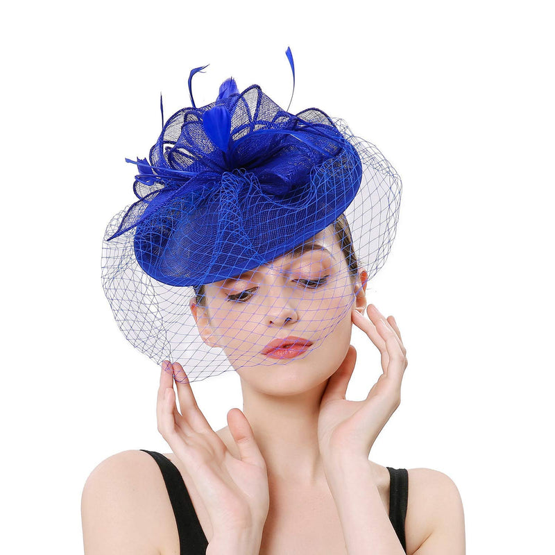 [Australia] - Hilary Ella Flax Net Face Veil Feather Fascinator for Women Cocktail Tea Party Derby Wedding Fascinators Hat Deep Blue 