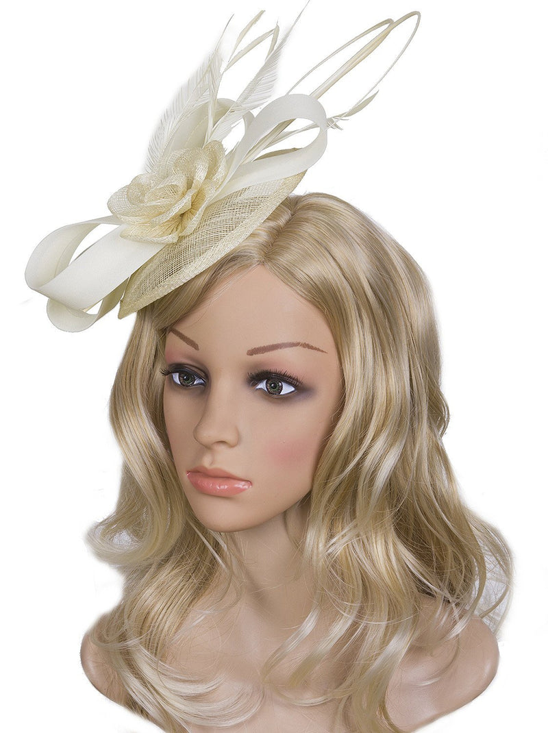 [Australia] - VIJIV Women Vintage Derby Fascinator Hat Pillbox Headband Feather Cocktail Tea Party One Size Beige 