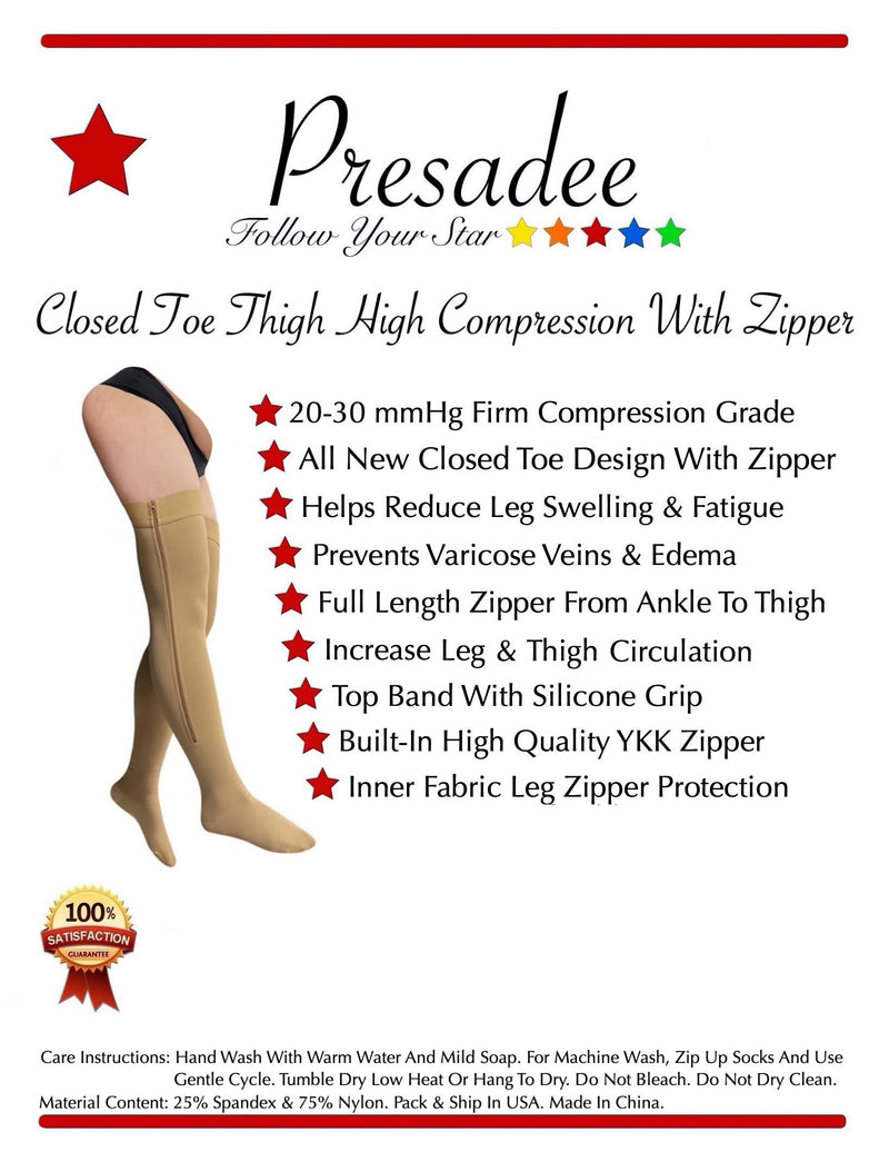 [Australia] - Presadee Closed Toe Thigh High 20-30 mmHg Firm Compression Leg with YKK Zipper (Beige, 2) Beige 