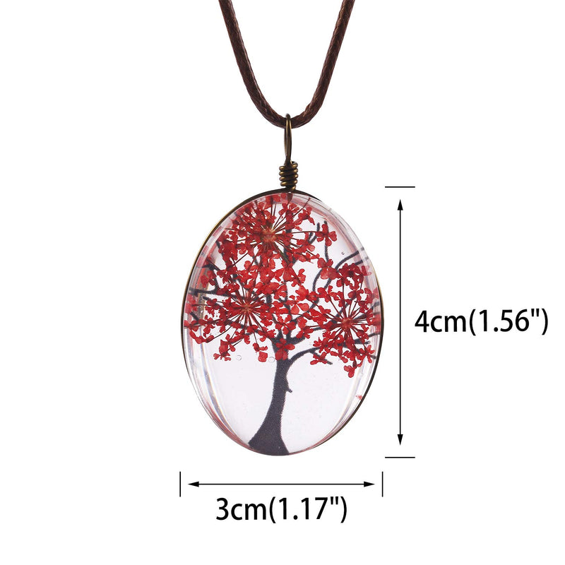 [Australia] - FM FM42 Life of Tree Multi Colors Queen Anne's Lace Dried Flowers Oval Pendant Necklace (4 Colors) Red 