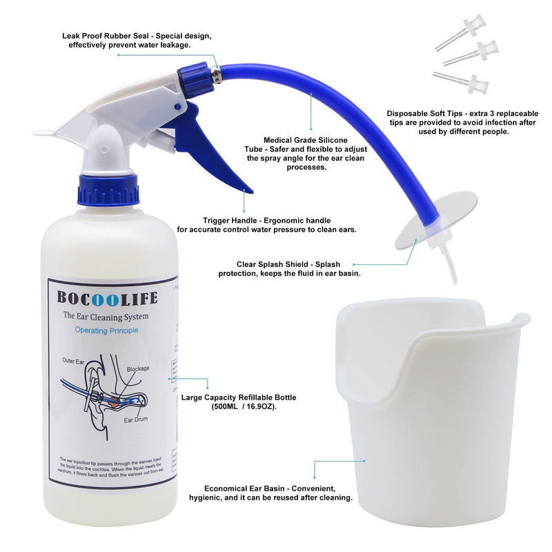 [Australia] - BOCOOLIFE Earwax Removal, Ear Cleaning Kit, Ear Washer Irrigation Flushing Kit, Ear Basin & 3 Ear Tips, Easy to Operate, Safe and Effective to Clean Ear Built Up Wax of All Ages 