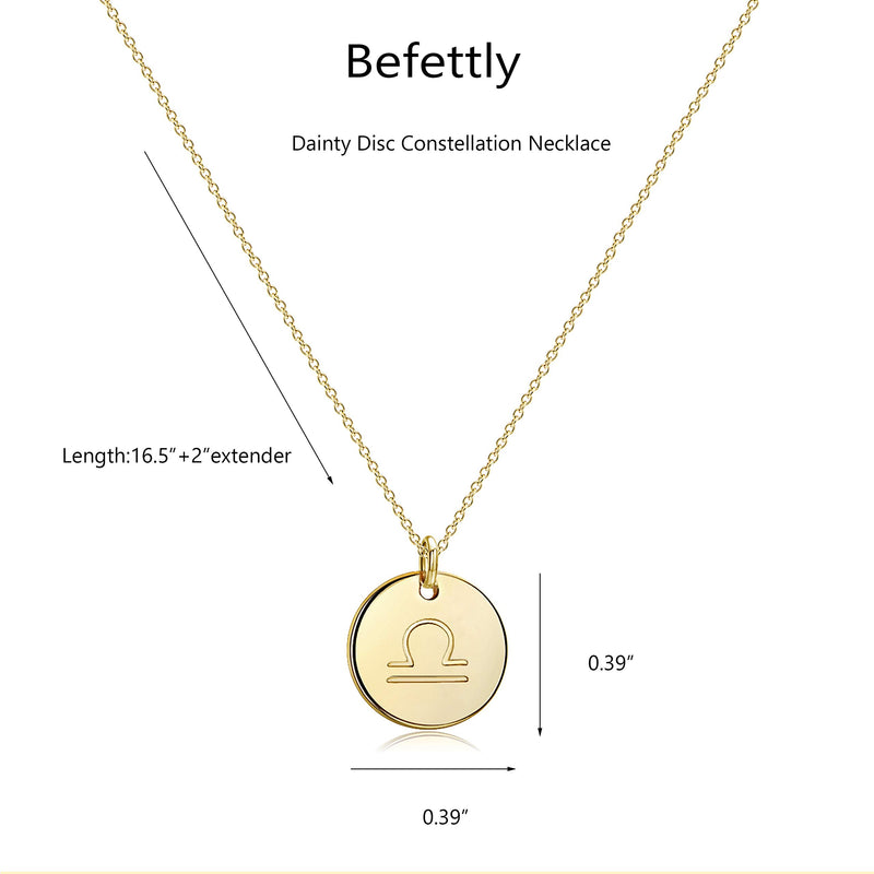 [Australia] - Befettly Constellation Necklace Pendant 14K Gold-Plated Hammered Round Disc Engraved Zodiac Sign Pendant 16.5’’ Adjustable Dainty Necklace Libra 