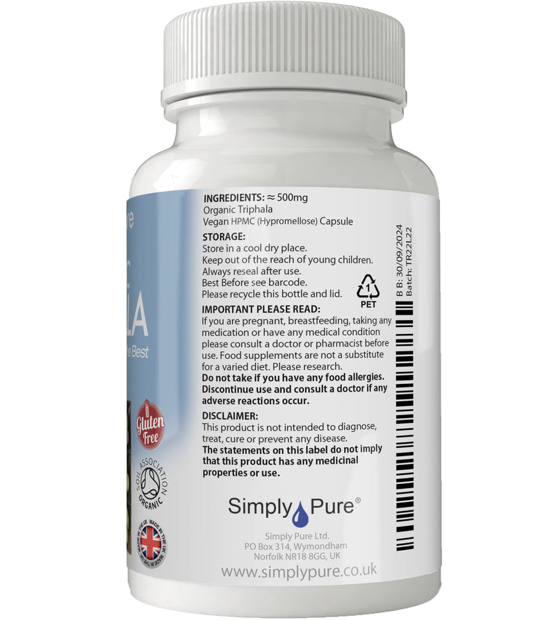 [Australia] - Simply Pure Organic Triphala Capsules x 90, 500mg, 100% Natural Soil Association Certified, Gluten Free, GM Free and Vegan. 