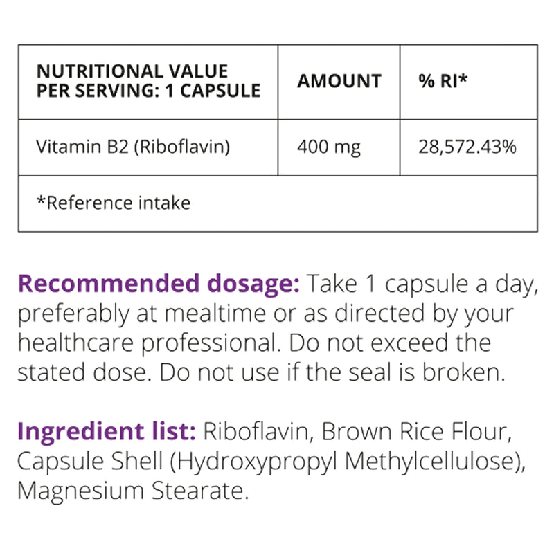 [Australia] - FuelFinity� - Premium Vitamin B2 Riboflavin 400mg per Capsule - 120 Days Supply - Highest Manufacturing Standards- no additives - Vegan 120 Count (Pack of 1) 