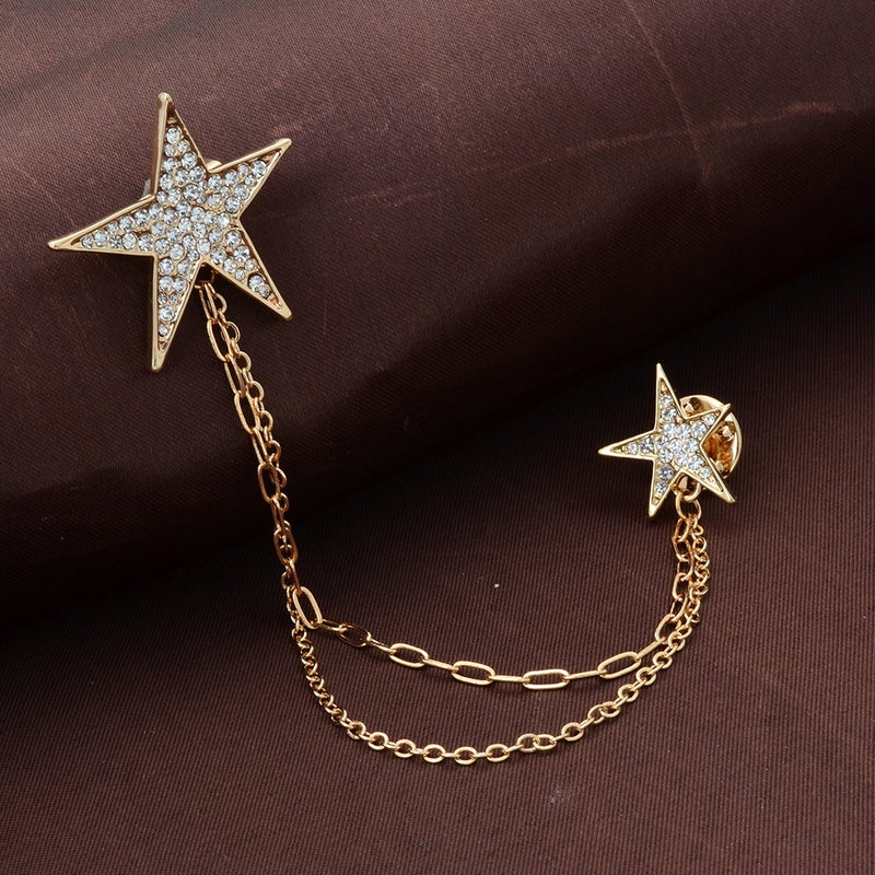 [Australia] - OBONNIE Gold/Silver Tone Crystal Star Brooch Pin with Chain Rhinestone Lapel Pin for Suit 