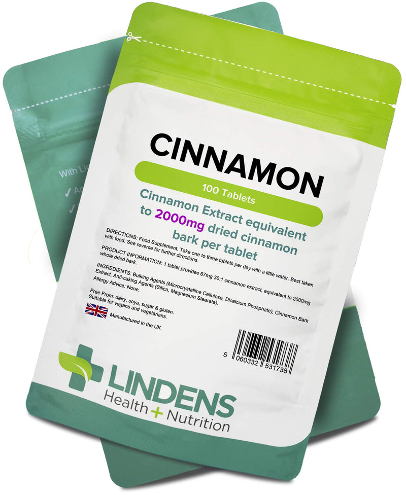 [Australia] - Lindens Cinnamon 2000mg Tablets - 100 Pack - Super Concentrated 30X Extract Equivalent to Half A Teaspoon of Cinnamon Spice - UK Manufacturer, Letterbox Friendly 