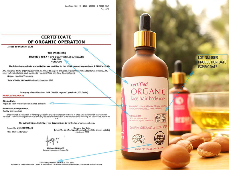 [Australia] - Argan Oil of Morocco by Fatima's Garden- Certified 100% Organic by Ecocert and USDA, moisturizer for Face, Hair, Body, Nails, cold-pressed| for soft, shiny & clear skin, strong hair 3.4 Fl oz-100ml 100 ml (Pack of 1) Pure Argan Oil 