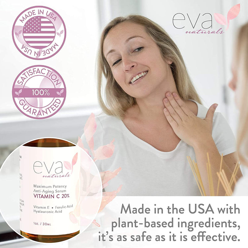 [Australia] - Eva Naturals Vitamin C Serum 20% for Face, Anti-Aging Formulation with Ferulic & Hyaluronic Acid, Vitamin E (30 ml) 
