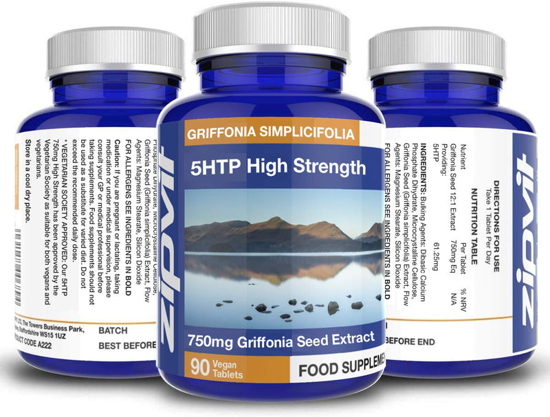 [Australia] - 5HTP High Strength 750mg Natural Griffonia Seed Extract, 90 5-HTP Tablets. Suitable for Vegetarians and Vegans. 