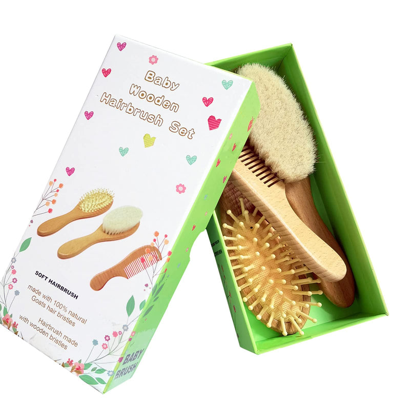 [Australia] - Molylove 3 Piece Baby Hair Brush and Comb Set for Newborn - Natural Wooden Hairbrush with Soft Goat Bristles for Cradle Cap - Perfect Scalp Grooming Product for Infant, Toddler, Kids - Baby 