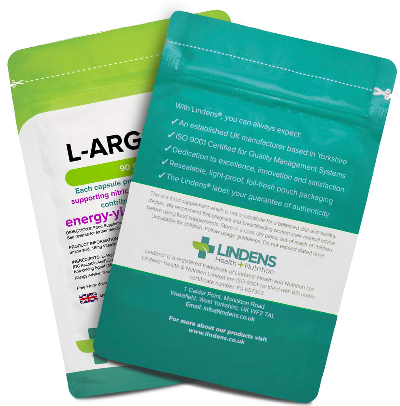 [Australia] - Lindens L-Arginine 500mg Capsules - 90 Pack - an Amino Acid Supplement in an Easy to Swallow, Rapid Release Capsule - UK Manufacturer, Letterbox Friendly 