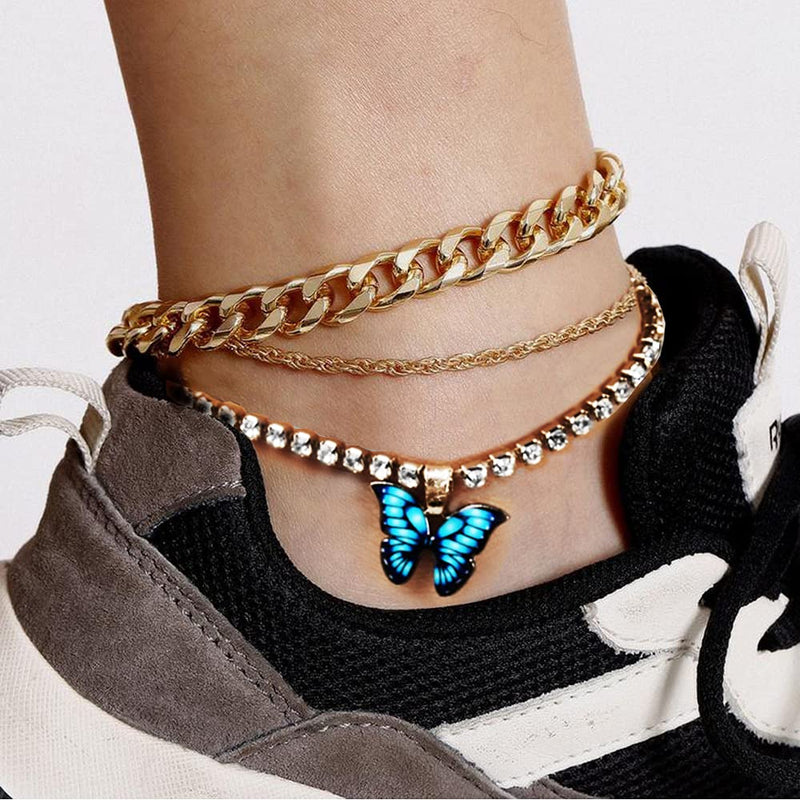 [Australia] - hefanny 14 Pcs Evil Eyes Butterfly Crysta Sparkly Luck Anklet Bracelets Set for Women Gold Boho Beach Anklets Chain Adjustable Foot and Hand Adjustable Chain Jewelry for Girls 1 