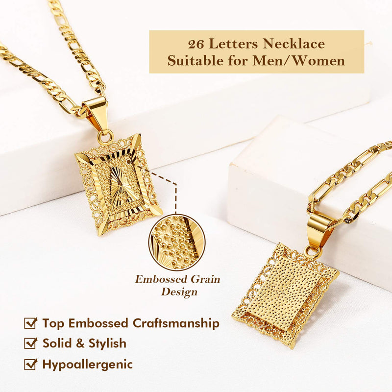 [Australia] - KissYan Initial Letter Pendant Necklace for Mens Womens, 18K Gold Plated Square Capital Monogram Necklace Alhpabets from A-Z Box Figaro Chain Necklace Hollow A hollow out 